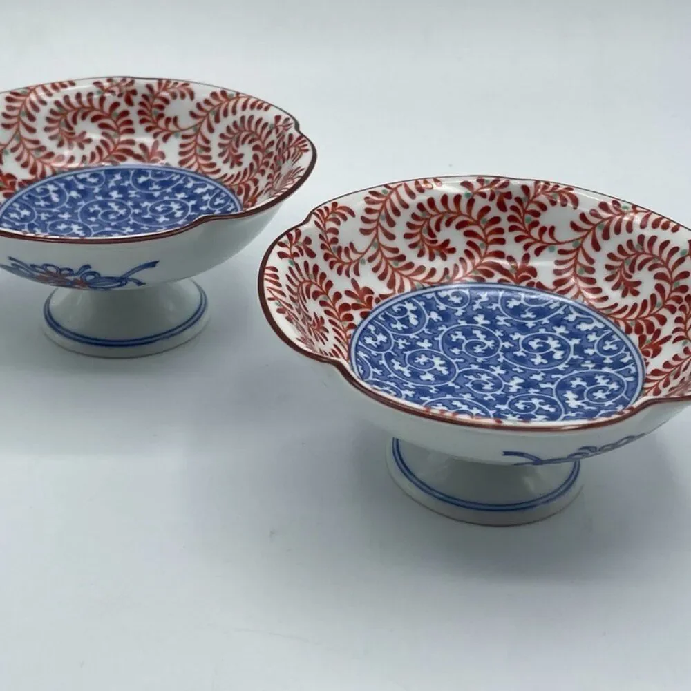 2 Gen-emon kJapan Orange & Blue Porcelain Bowls Signed 4